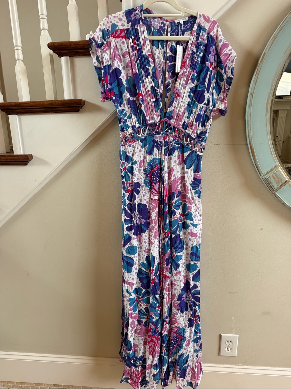 NWT Poupette St Barth dress Cecile V blue artistic flower dress Sz large